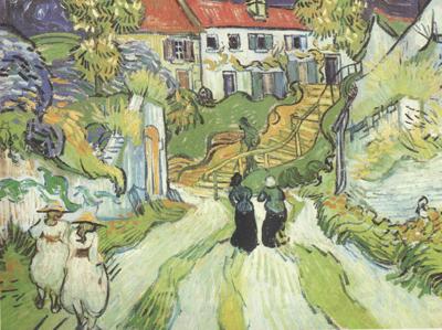 Vincent Van Gogh Village Street and Steps in Auers with Figures (nn04) Spain oil painting art